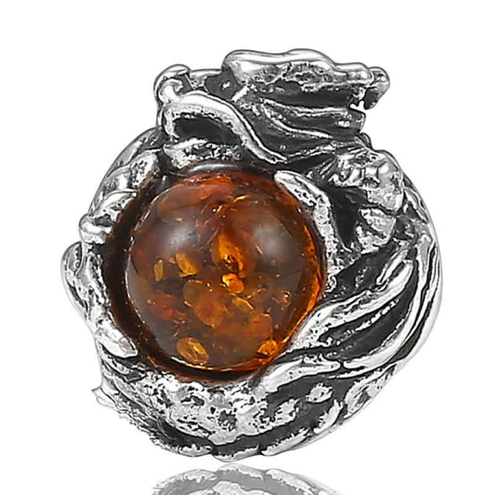 Buddha Stones 925 Srebro Sterling Naturalny Bursztyn Smok Sukces Ochrona