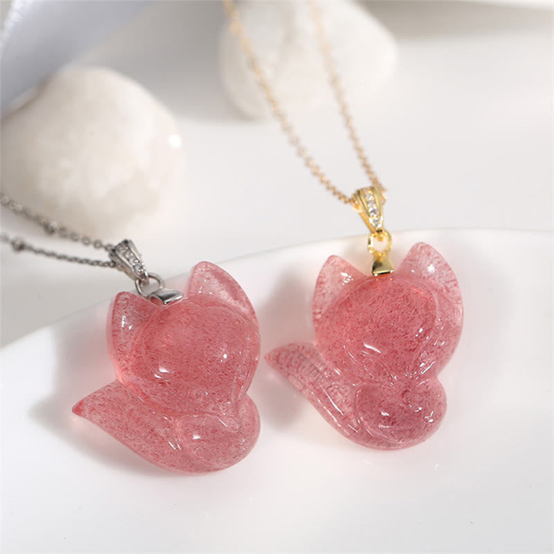 Naszyjnik z wisiorkiem i uzdrawiającą zawieszką z Buddha Stones ze srebra próby 925, platerowany 14-karatowym złotem i kwarcem truskawkowym - image 1