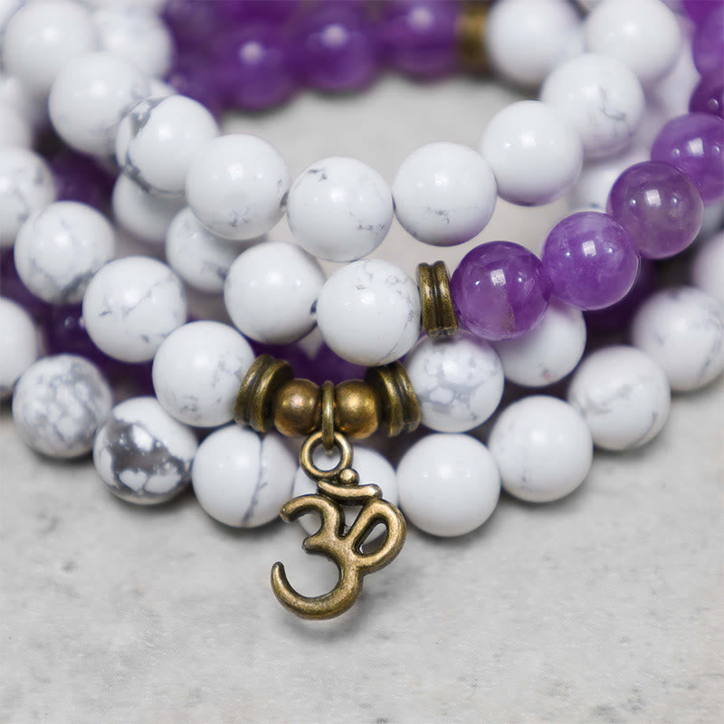 Buddha Stones 108 Mala Beads Ametyst Biały Turkus OM Healing Medytacja Energia Bransoletka
