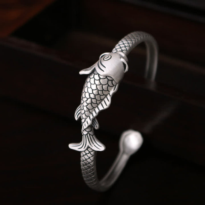 Buddha Stones 990 Srebro Sterling Ryba Koi Lotos Szczęście Bogactwo Bransoletka Bangle