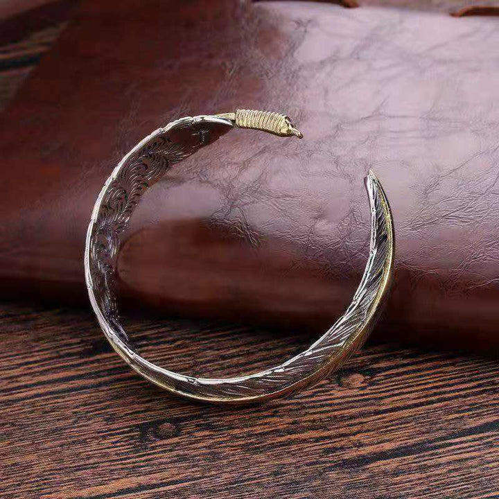Buddha Stones Wzór Piór Rzeźbiony Szczęście Bogactwo Mankiet Bransoletka Bangle