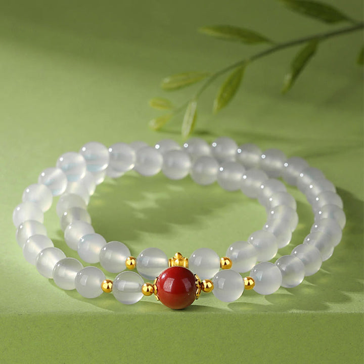 Buddha Stones 925 Srebro Sterling Naturalny Biały Agat Cynober Podwójna Ochronna Bransoletka