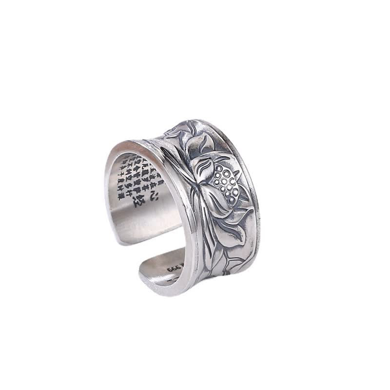 Pierścionek ochronny Buddha Stones 999 Sterling Silver Lotus Flower Heart Sutra