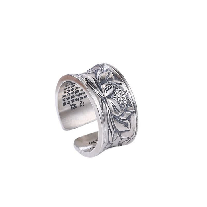 Pierścionek ochronny Buddha Stones 999 Sterling Silver Lotus Flower Heart Sutra