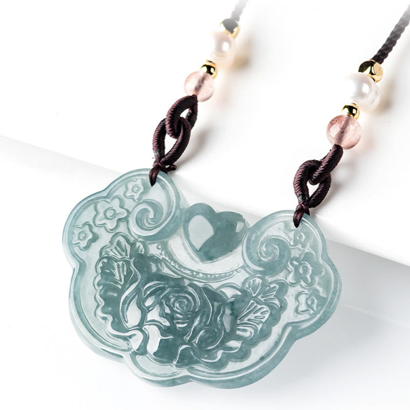 Buddha Stones Naturalny Jadeit Peonia Kwiat Kłódka Dobrych Życzeń Naszyjnik Wisiorek Dobrobytu