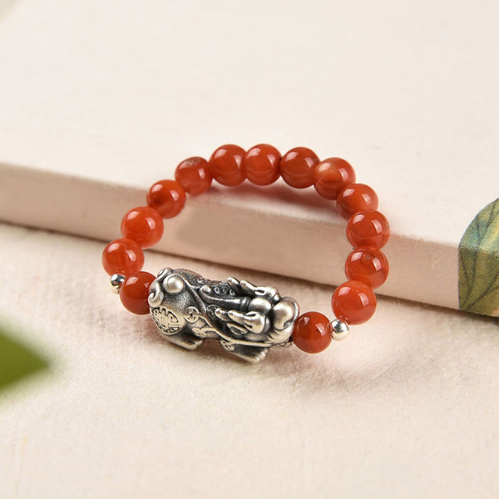 Buddha Stones 925 Srebro Sterling Naturalny Granat Kamień Księżycowy Czerwony Agat Pierścień PiXiu Wealth