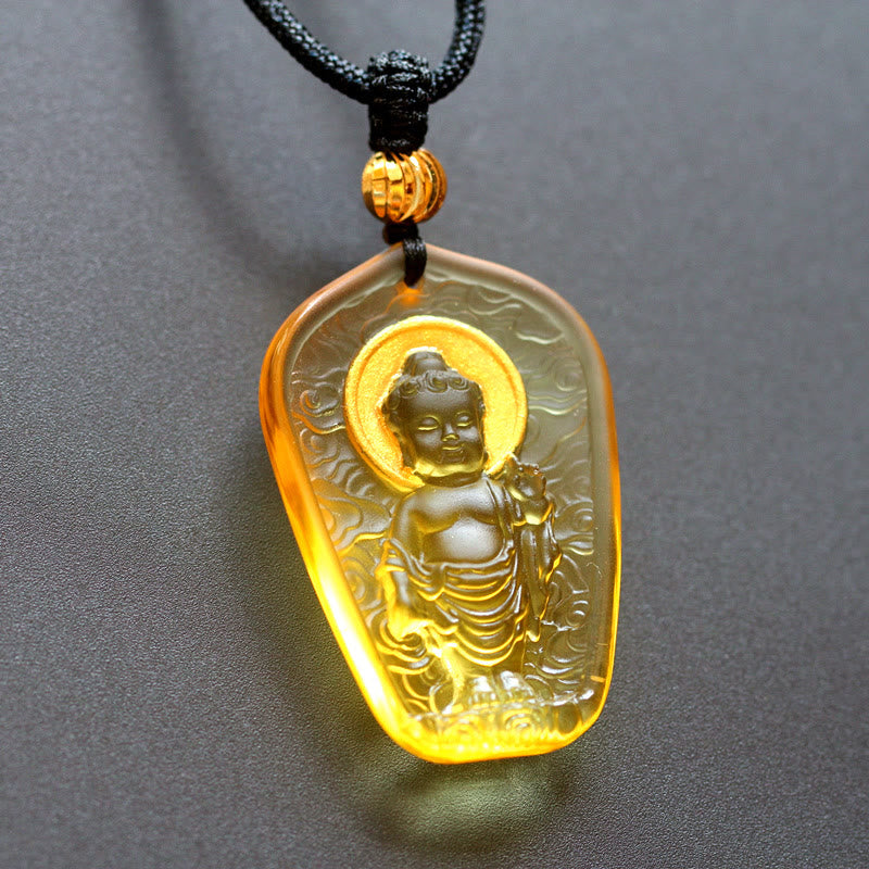 Buddha Stones Tybetański Budda Liuli Kryształowy Naszyjnik Spokoju Wisiorek - Żółte światło Buddy - image 6