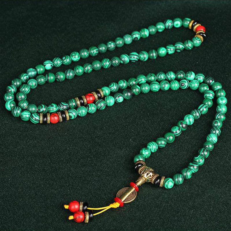 Buddha Stones Tybetańskie 108 Mala Malachite Koraliki Bransoletka Naszyjnik
