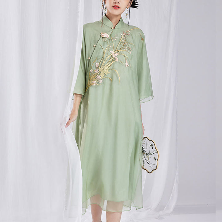 Buddha Stones 100% jedwab morwowy 6 Momme Sukienka Vintage Flower Butterfly Haft Qipao Sukienka damska Cheongsam - Zielony - US8-10, UK/AU12-14, EU40-42 (XL) - image 9