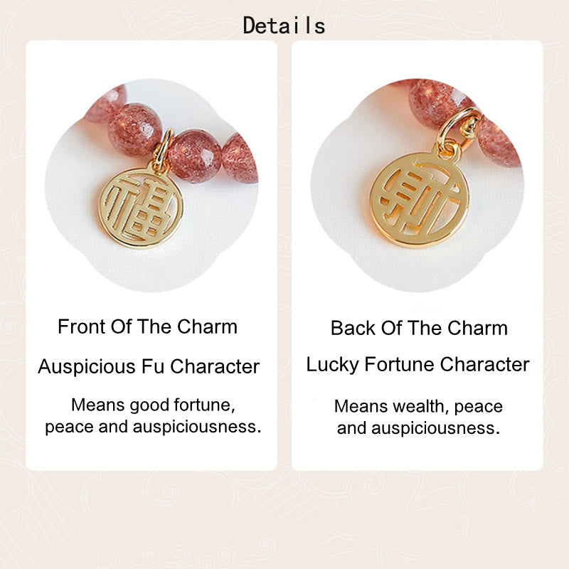 Bransoletka z Buddha Stones 14K pozłacana kwarcem truskawkowym Fu Character Healing Charm