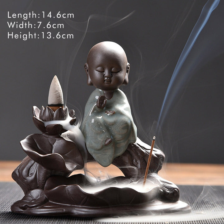 Buddha Stones Mały Mnich Ceramiczny Lotos Błogosławieństwo Kadzielnica Dekoracja