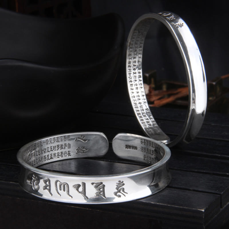 Buddha Stones 999 Srebro Sterlingowe Om Mani Padme Hum Heart Sutra Miłość Pokój Bransoletka Bangle