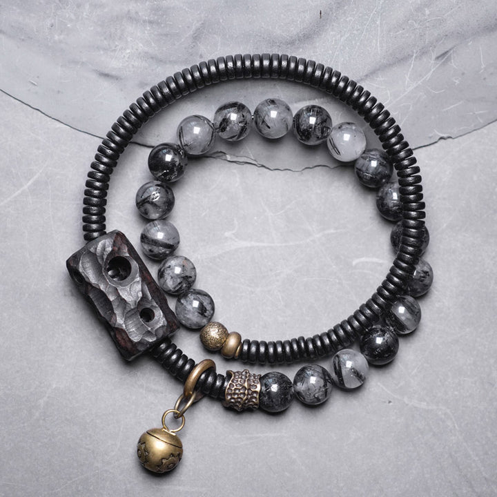 Buddha Stones Czarny Kwarc Rutilowany Drewno Hebanowe Miedź Mądrość Para Bransoletka