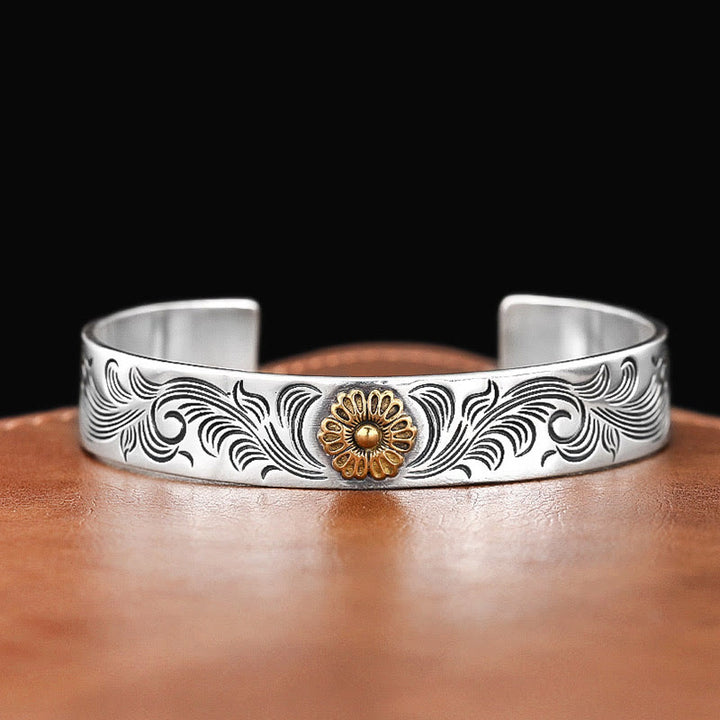 Buddha Stones Dynastia Tang Kwiat Projekt Róży Kwiat Pióro Rzeźbiona Miedziana Bransoletka Szczęścia Bangle
