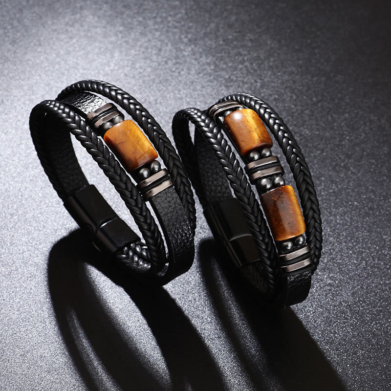 Bransoletka ze skóry wielowarstwowej z zapięciem magnetycznym i Buddha Stones Tiger Eye Power