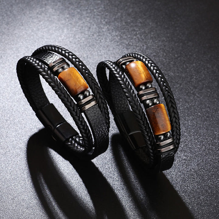 Bransoletka ze skóry wielowarstwowej z zapięciem magnetycznym i Buddha Stones Tiger Eye Power