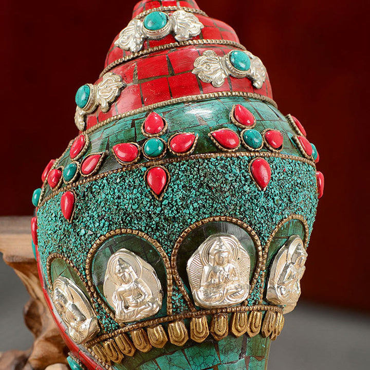 Tybetańska, ręcznie robiona Shankha Om Mani Padme Hum Budda Avalokitesvara turkusowa muszla pozytywna dekoracja - image 6