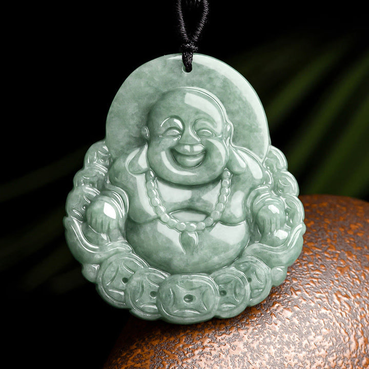 Buddha Stones Śmiejący się Budda Naturalny Jade Miedziana Moneta Obfitość Naszyjnik Wisiorek - Śmiejący się Budda (Szczęście ♥ Bogactwo) - image 1