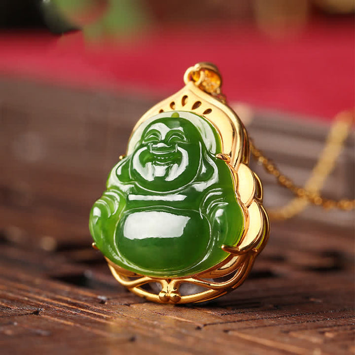 925 Srebro Sterling Naturalny Hetian Cyan Jade Śmiejący się Budda 18K Złoty Naszyjnik Uzdrawiający Łańcuszek Wisiorek - image 6