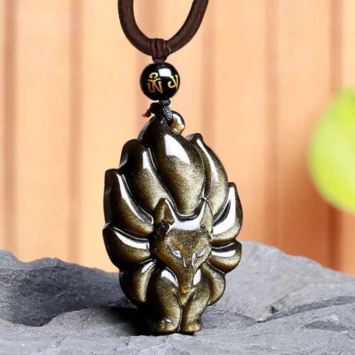 Buddha Stones Naturalny Tęczowy Obsydian Złoty Połysk Obsydian Dziewięcioogonowy Lis Pozytywny Naszyjnik Wisiorek
