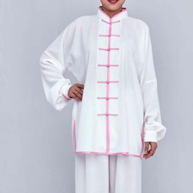 Buddha Stones Medytacja Zen Modlitwa Duchowa Tai Chi Qigong Praktyka Unisex Haft Odzież Zestaw - Biały + Różowy Brzeg Długi Rękaw - US12, UK/AU16, EU44 (2XL) - image 14