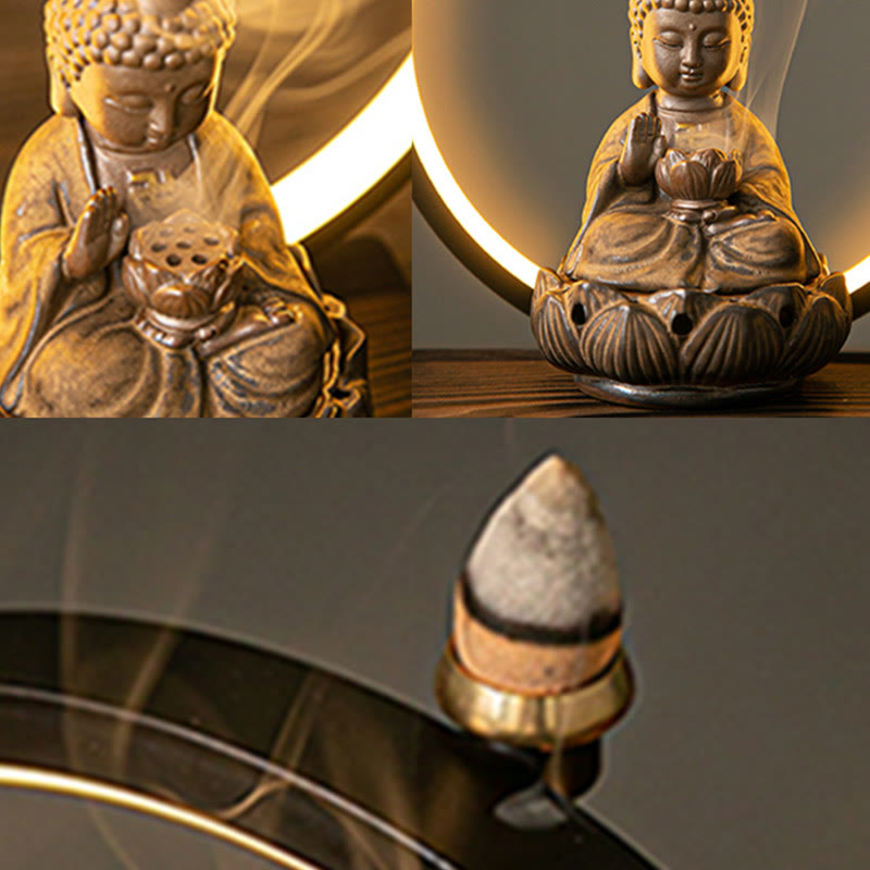 Buddha Stones Budda Lotos Cofający Dym Fontanna Ceramiczny Błogosławieństwo Kadzielnica Z Dekoracją Światła