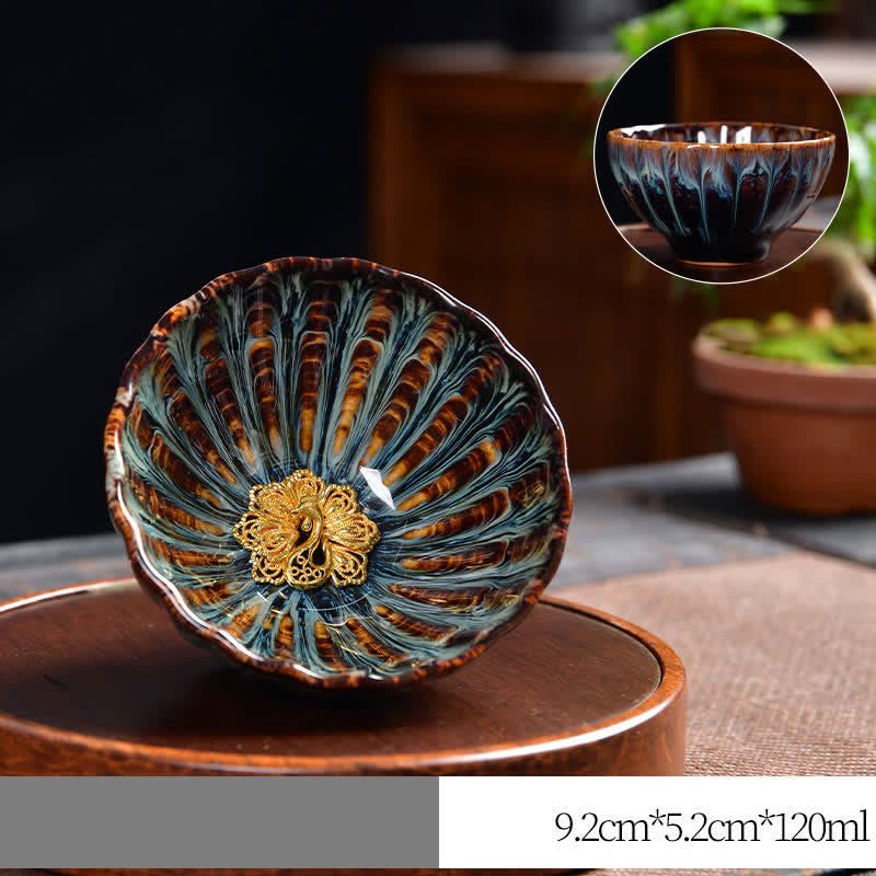 Buddha Stones Lotos Paw Smok Feniks Ryba Koi Ceramiczna filiżanka do herbaty Intarsjowane filiżanki do herbaty 120 ml - Złoto - Paw - image 11