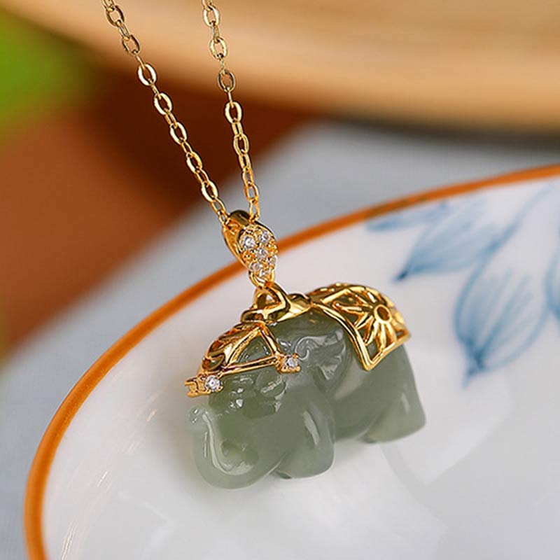 Buddha Stones 925 Srebro Sterlingowe Jade Elephant Blessing Fortune Naszyjnik Łańcuszek Wisiorek