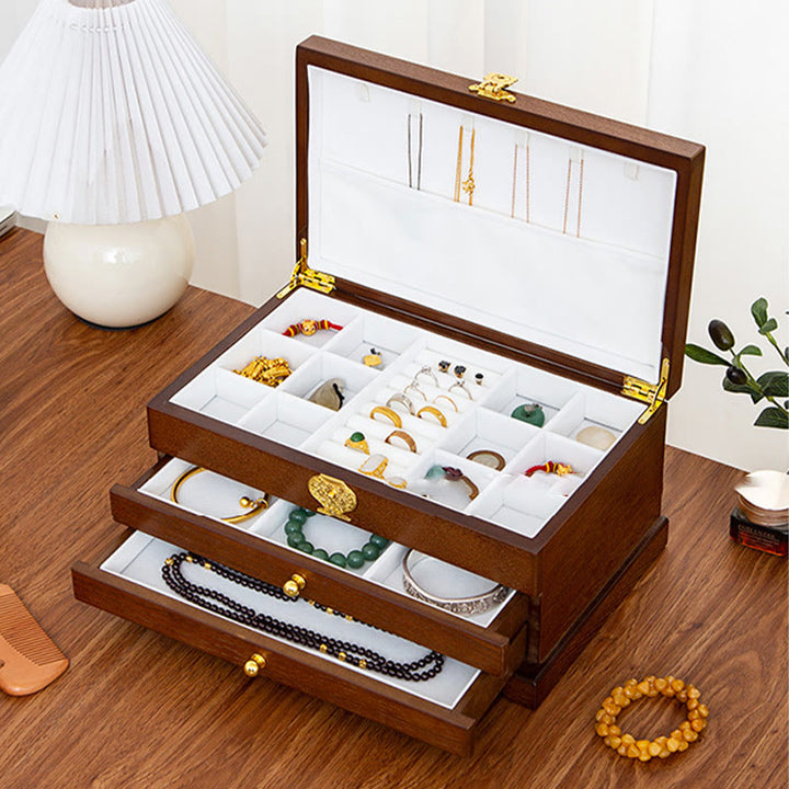 Drewniane pudełko na biżuterię w stylu retro z Buddha Stones, trójwarstwowe pudełko do przechowywania biżuterii