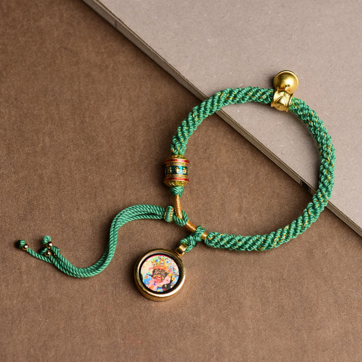 Buddha Stones Tybetańskie Pięć Bogów Bogactwa Thangka Szczęścia Koło Modlitewne Dzwonek Bransoletka ze Sznurka