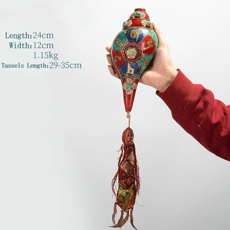 Tybetańska, ręcznie robiona Shankha Om Mani Padme Hum Budda Avalokitesvara turkusowa muszla pozytywna dekoracja - Om Mani Padme Hum 24*12cm - image 17