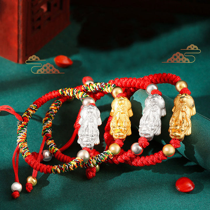 Buddha Stones 999 Srebro Sterlingowe PiXiu Wealth King Kong Knot String Braided Bransoletka dla dzieci i młodzieży