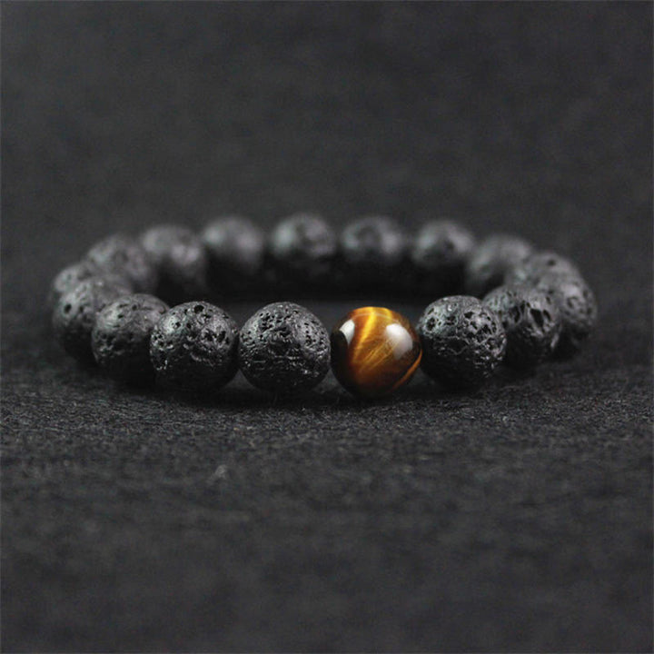 Bransoletka uzdrawiająca z Buddha Stones, kamieniami lawowymi i kamieniami tygrysiego oka - Kamień lawowy (obwód nadgarstka 17 cm) - image 0