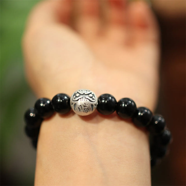 Bransoletka ochronna z Buddha Stones 925 ze srebra próby 925 z czarnym onyksem i grawerowanym charakterem