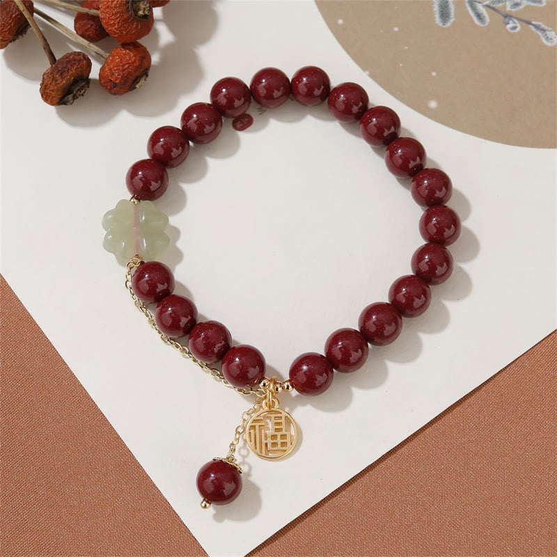 Buddha Stones Cynober Fu Charakter Hetian Jade Szczęśliwa Czterolistna Koniczyna Błogosławieństwo Bransoletka