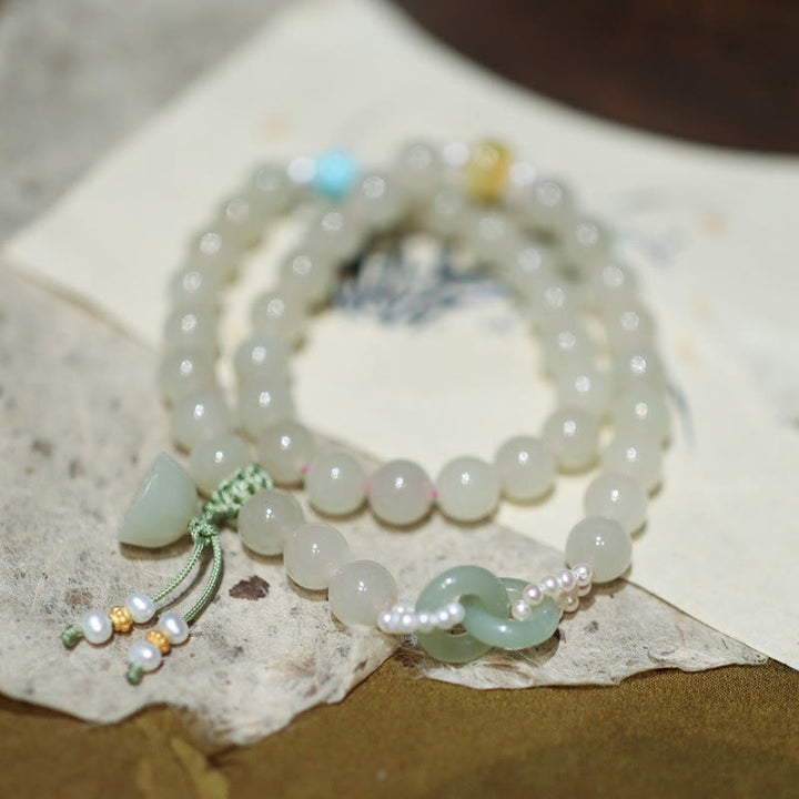 Buddha Stones 925 Srebro Sterlingowe Hetian Jade Podwójna Klamra Pokoju Bransoletka Lotus Luck Double Wrap