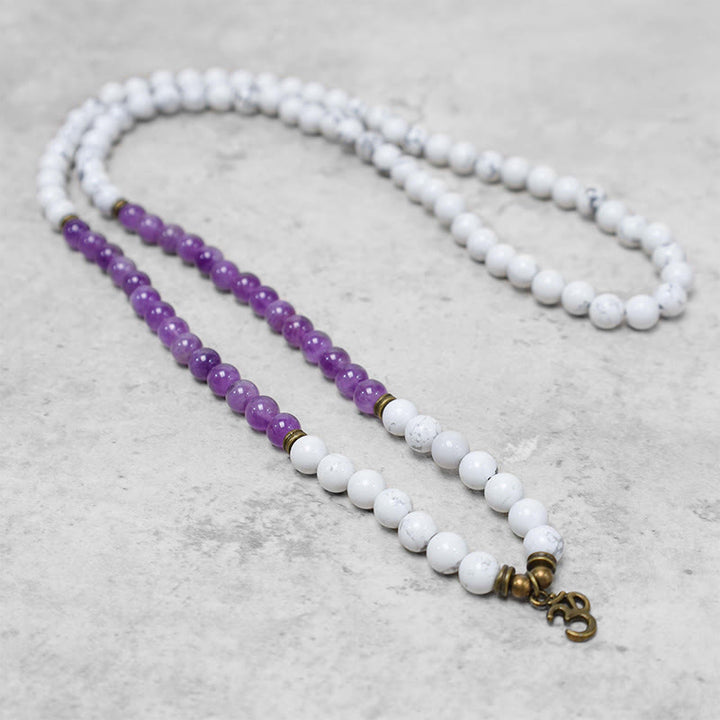 Buddha Stones 108 Mala Beads Ametyst Biały Turkus OM Healing Medytacja Energia Bransoletka