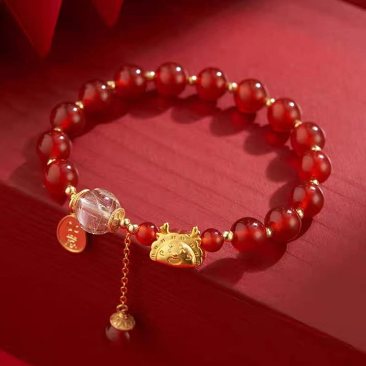Buddha Stones Rok Smoka Pierożek Naturalny Czerwony Agat Granat Hetian Jade Fu Charakter Szczęście Sukces Bransoletka