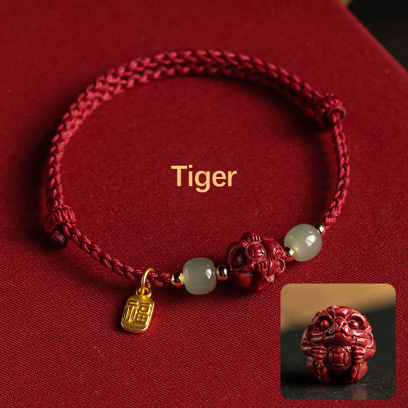 Buddha Stones Naturalny Cynober Chiński Zodiak Hetian Jade Fu Charakter Szczęścia Bransoletka Lina