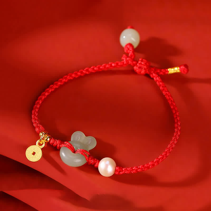 925 Srebro Sterling Rok Królika Hetian Jade Miedź Moneta Bogactwo Bransoletka z Czerwonego Sznurka