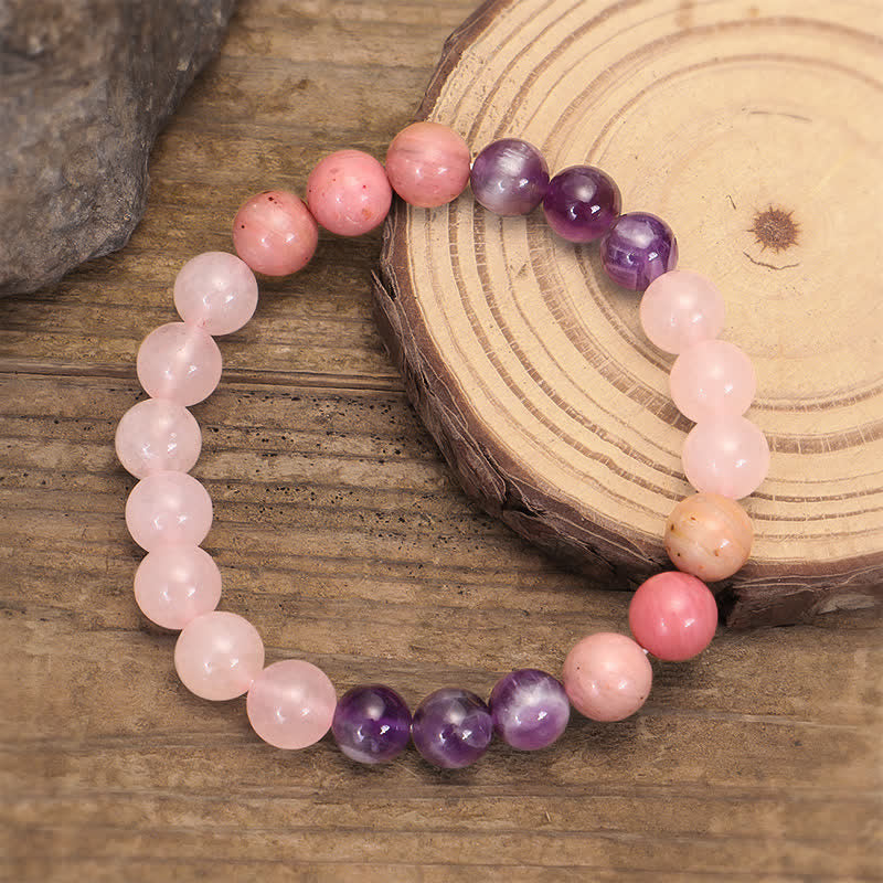 Buddha Stones 108 Mala Beads Ametyst Różowy Kwarc Duchowe Uzdrawiające Bransoletka z Chwostem