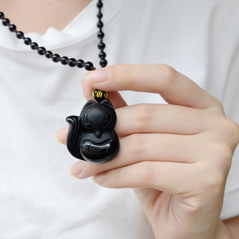 Buddha Stones Naturalny Czarny Obsydian Tygrysie Oko Lodowy Obsydian Lis Wisiorek Amulet Naszyjnik