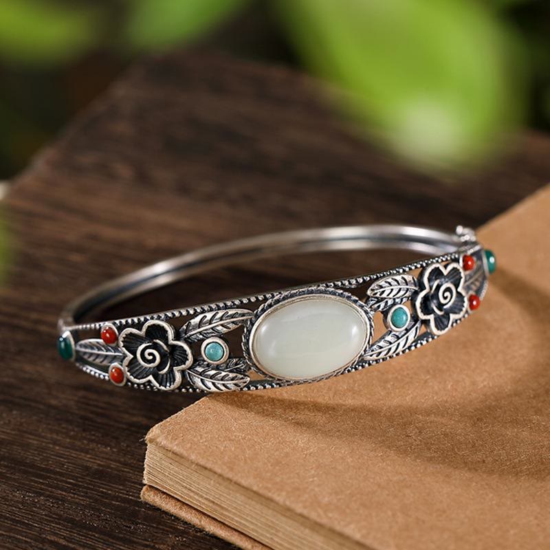 Buddha Stones Cyjan Jade Biały Jade Kwiat Liść Harmonia Szczęście Bransoletka Bangle