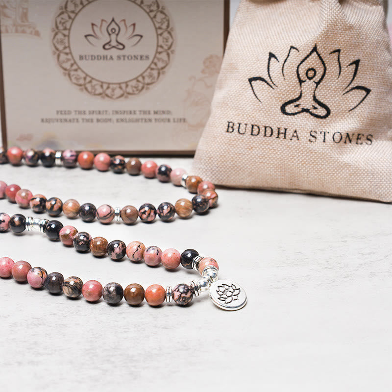 Buddha Stones 108 Koralików Mala Rodonit Lotos Współczucie Bransoletka Energetyczna