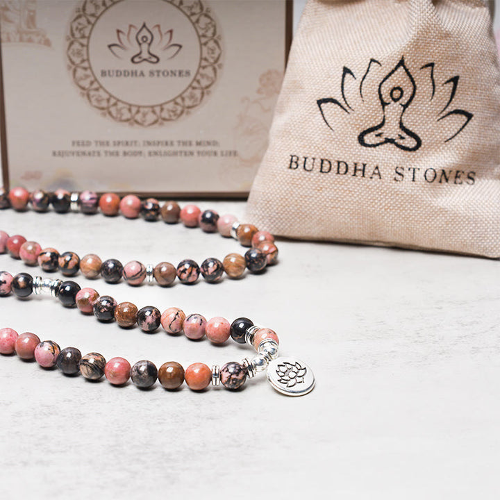 Buddha Stones 108 Koralików Mala Rodonit Lotos Współczucie Bransoletka Energetyczna