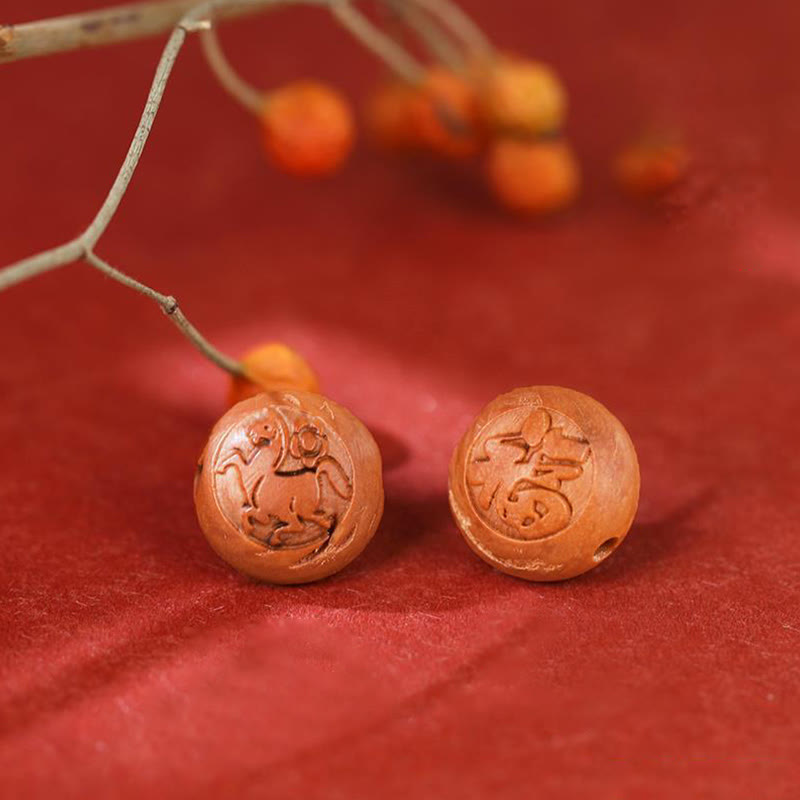 Buddha Stones Naturalne Drewno Brzoskwiniowe Chińskie Zodiak Fu Znak Rzeźbiony Cynober Bransoletka Bogactwa