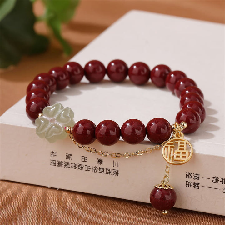 Buddha Stones Cynober Fu Charakter Hetian Jade Szczęśliwa Czterolistna Koniczyna Błogosławieństwo Bransoletka