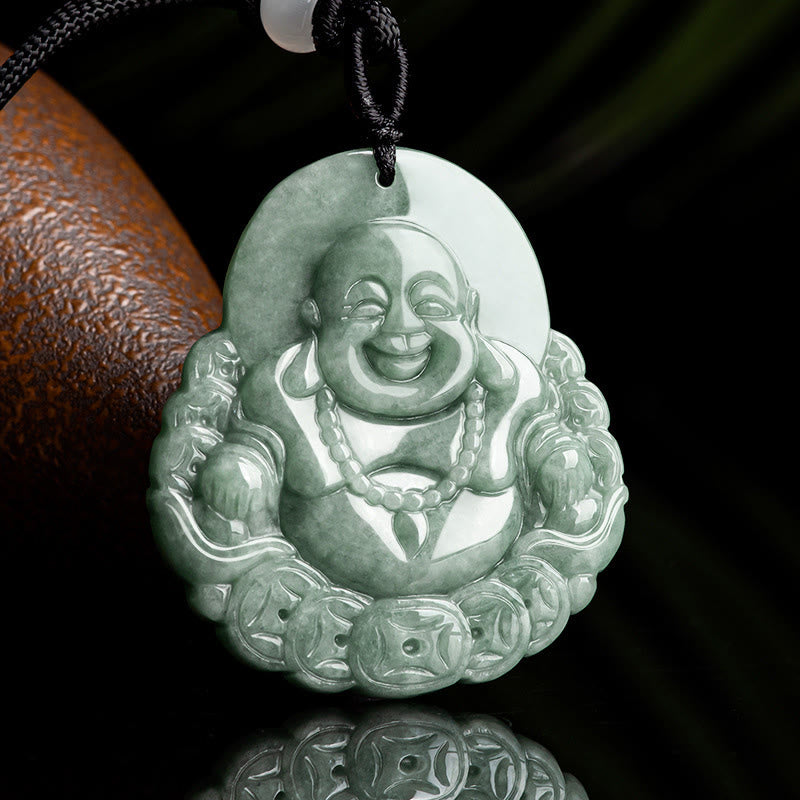 Buddha Stones Śmiejący się Budda Naturalny Jade Miedziana Moneta Obfitość Naszyjnik Wisiorek - image 2