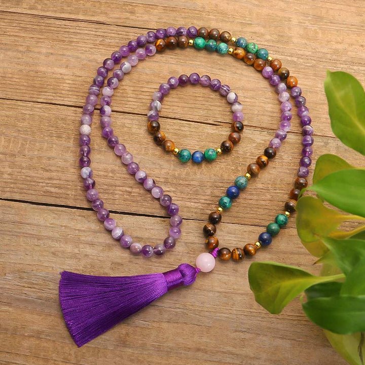 Zestaw Mala Bransoletka Oczyszczająca z Buddha Stones Tybetańskimi Ametystem