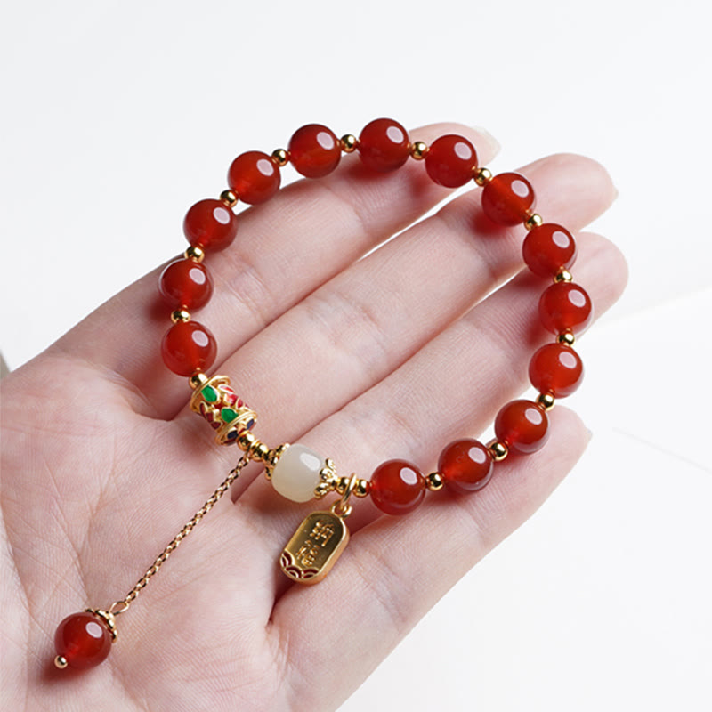 Buddha Stones Naturalny Czerwony Agat Hetian Jade Fu Charakter Pewność Bransoletka Charm